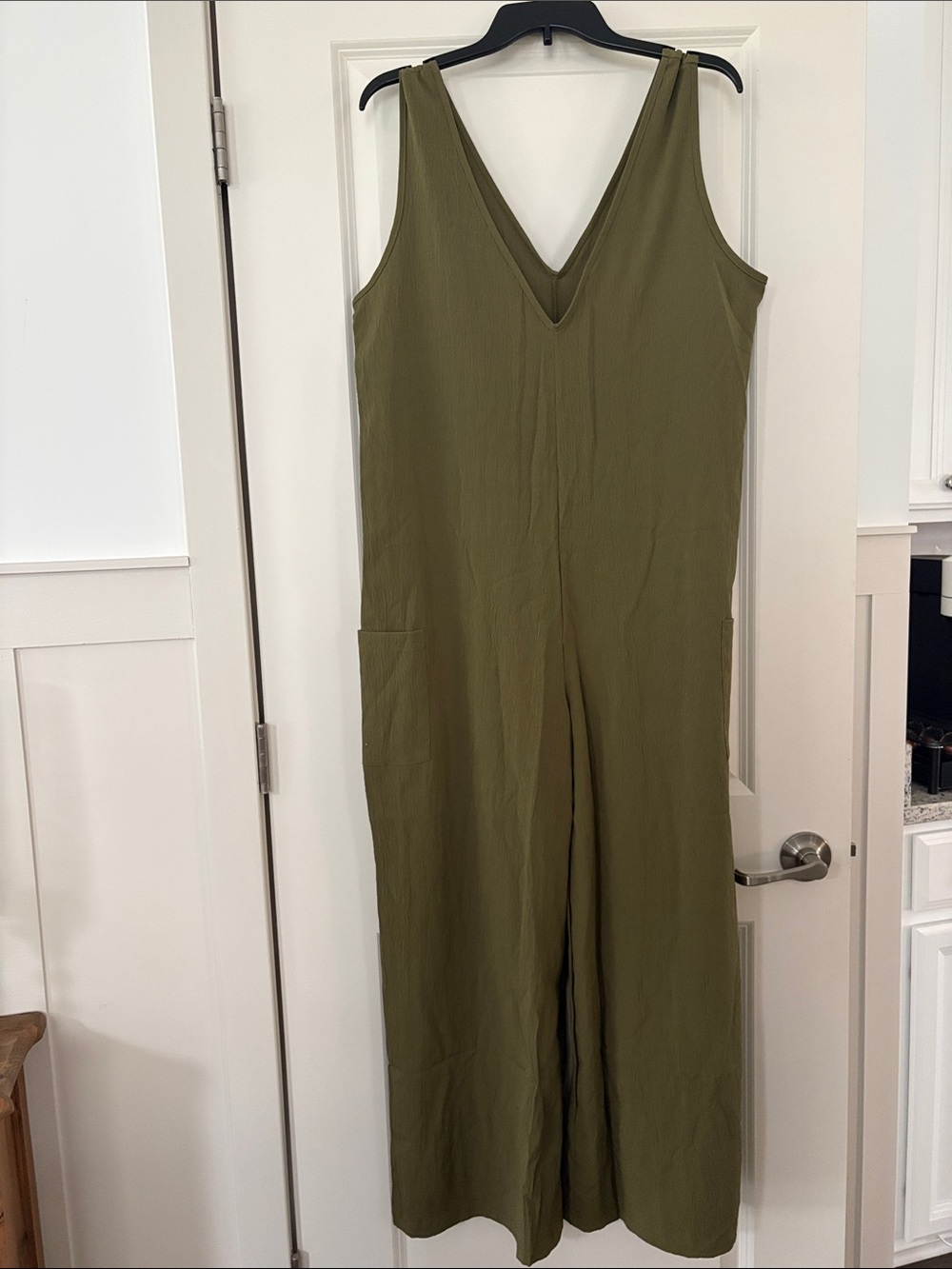 Womens Olive Green V-Neck Wide-Leg Jumpsuit